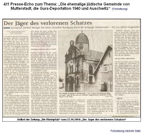 Presse-Echo zum Thema: Die ehemalige jdische Gemeinde von Mutterstadt, die Gurs-Deportation 1940 und Auschwitz