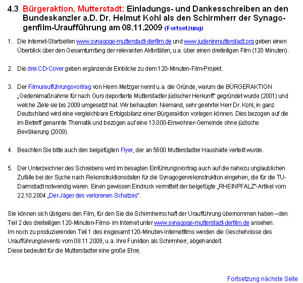 Brgeraktion, Mutterstadt: Einladungs- und Dankesschreiben an den Bundeskanzler a.D. Dr. Helmut Kohl als den Schirmherr der Synagogenfilm-Urauffhrung am 08.11.2009