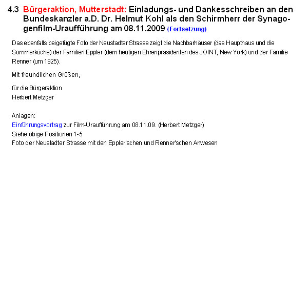 Brgeraktion, Mutterstadt: Einladungs- und Dankesschreiben an den Bundeskanzler a.D. Dr. Helmut Kohl als den Schirmherr der Synagogenfilm-Urauffhrung am 08.11.2009