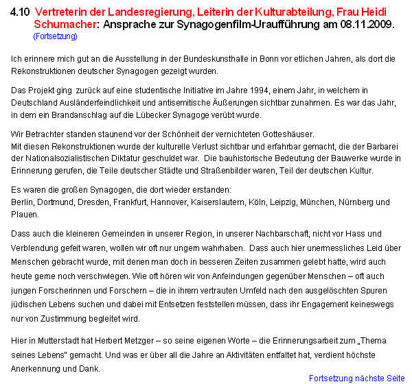 Vertreterin der Landesregierung, Leiterin der Kulturabteilung, Frau Heidi Schumacher: Ansprache zur Synagogenfilm-Urauff�hrung am 08.11.2009.