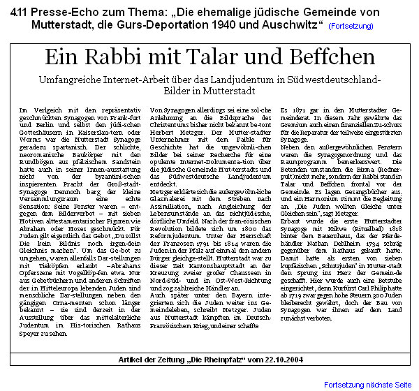 Presse-Echo zum Thema: �Die ehemalige j�dische Gemeinde von Mutterstadt, die Gurs-Deportation 1940 und Auschwitz�