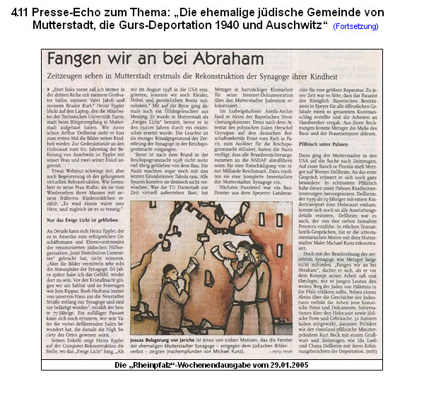 Presse-Echo zum Thema: Die ehemalige jdische Gemeinde von Mutterstadt, die Gurs-Deportation 1940 und Auschwitz