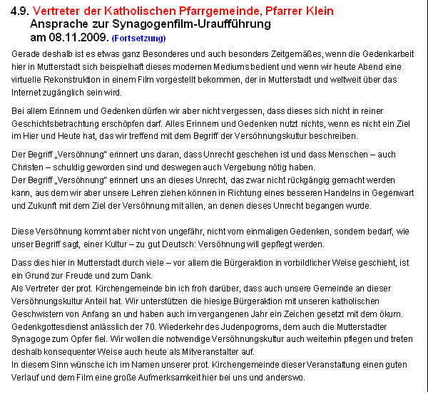 Vertreter der Katholischen Pfarrgemeinde, Pfarrer Klein: Ansprache zur Synagogenfilm-Urauffhrung am 08.11.2009.